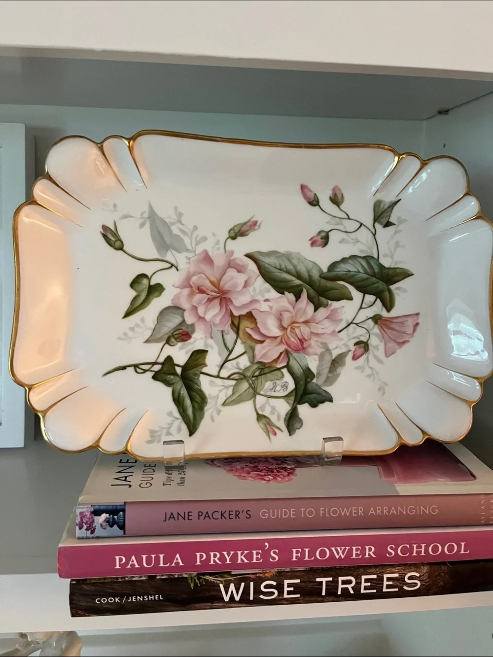 Antique Limoges White Porcelain Platter with Pink Floral Bouquet and Gold Trim
